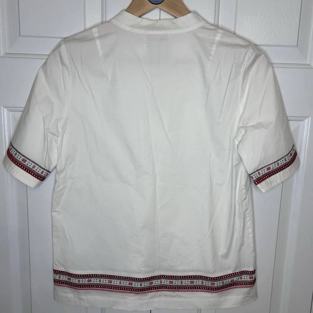 Tory Burch white poplin/red embroidery popover blouse, Size 0